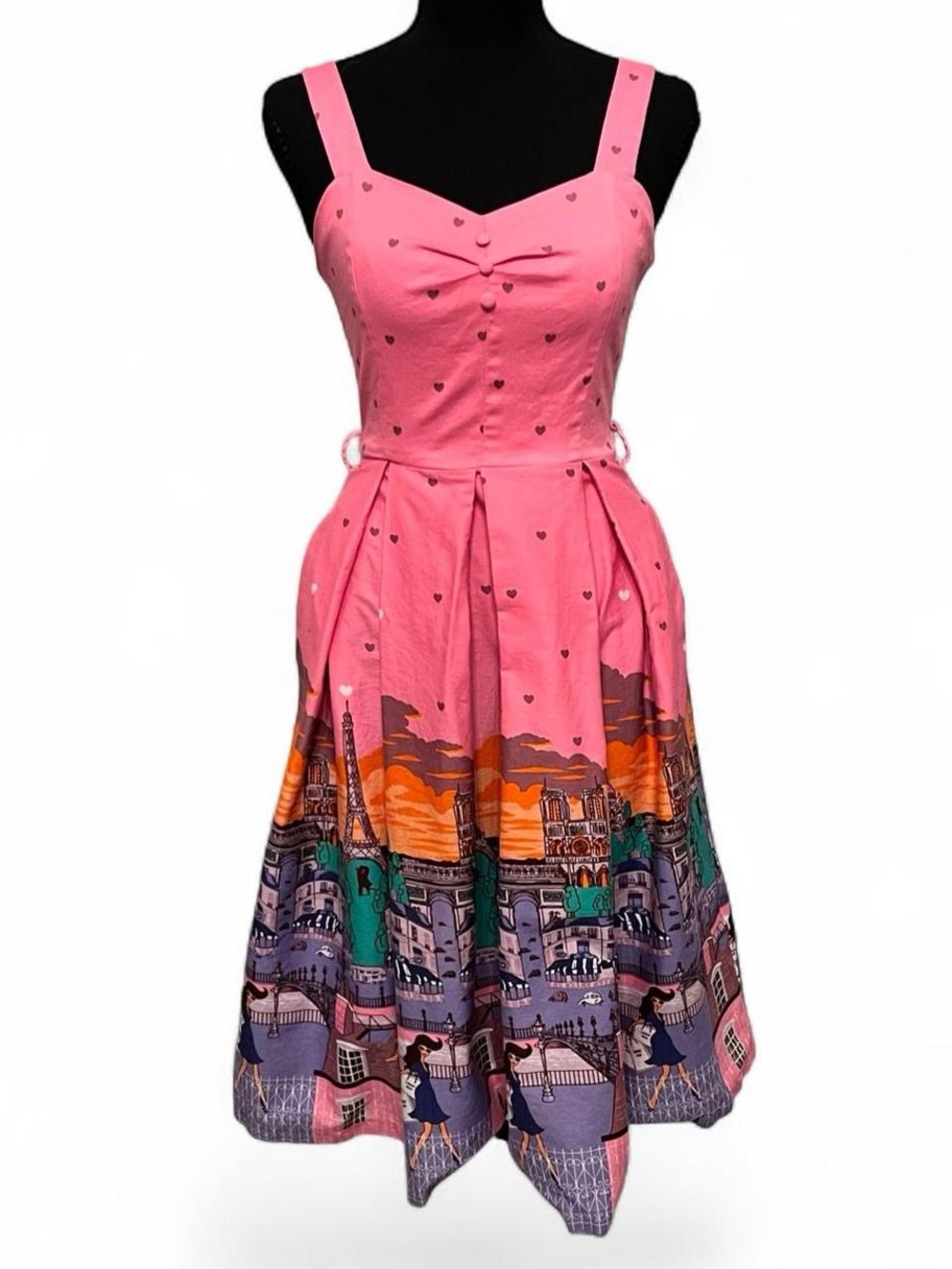 Lindy Bop Pink Paris Border Print Cityscape Fit-and-Flare Swing Midi Dress